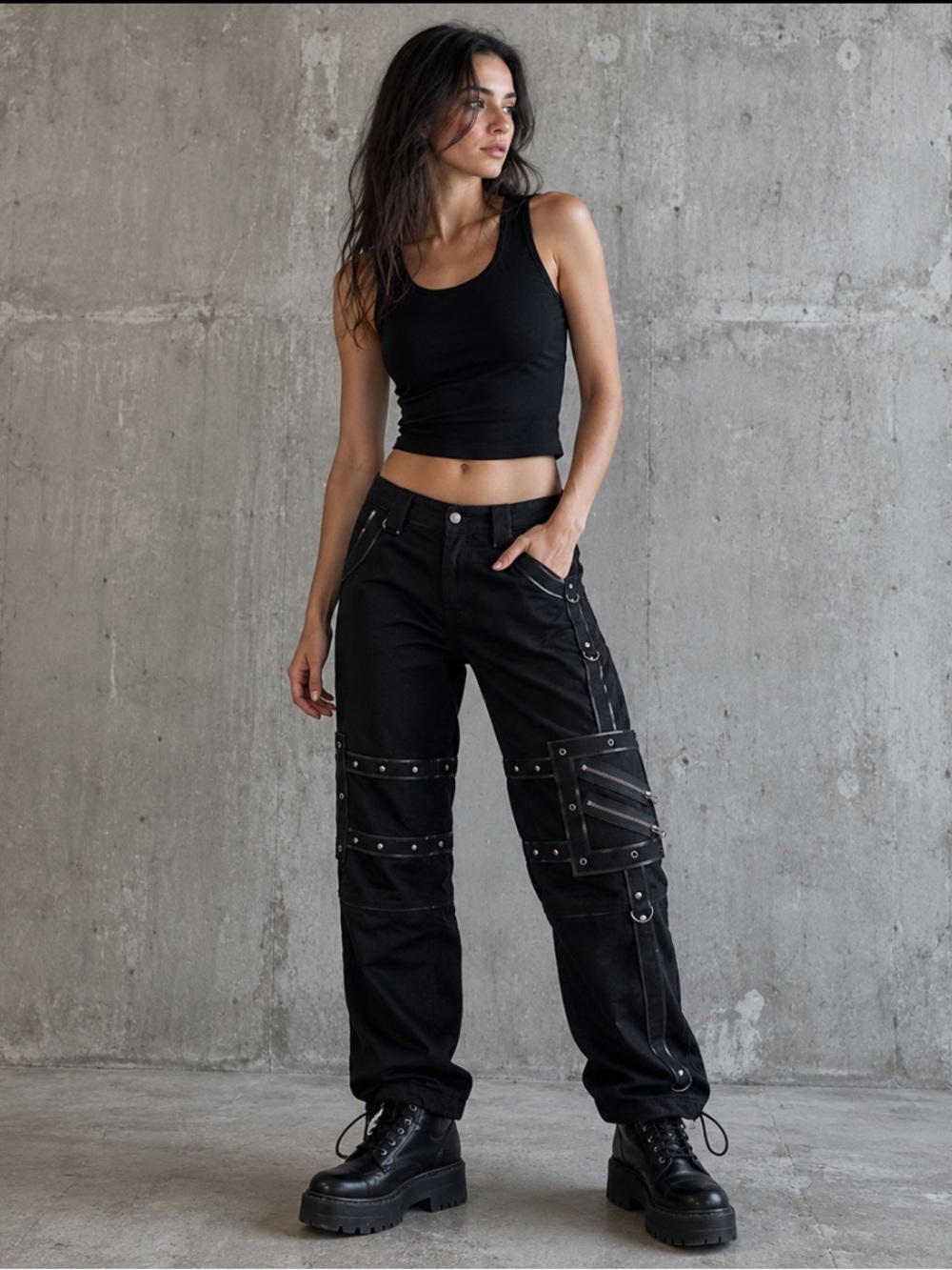 Cyber Goth Y2K Industrial Bondage Cargo Pants D-Rings Zippers Size 30